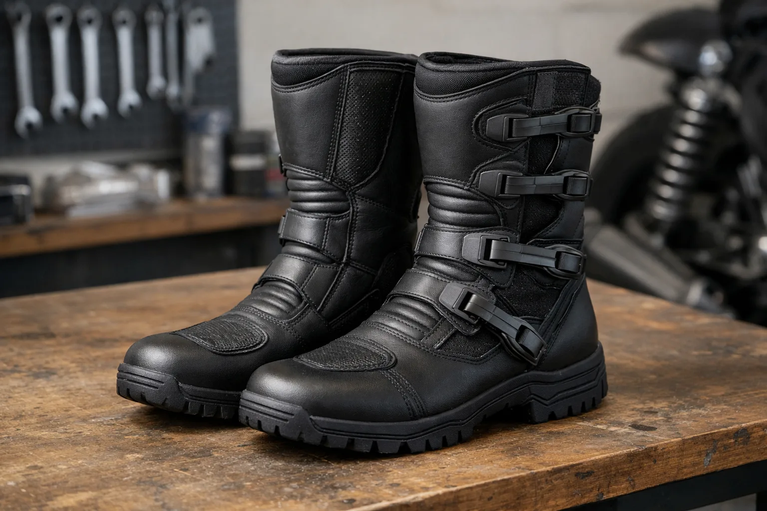 Paire de bottes moto noires posées côte à côte, avec fermetures latérales et semelles épaisses visibles.