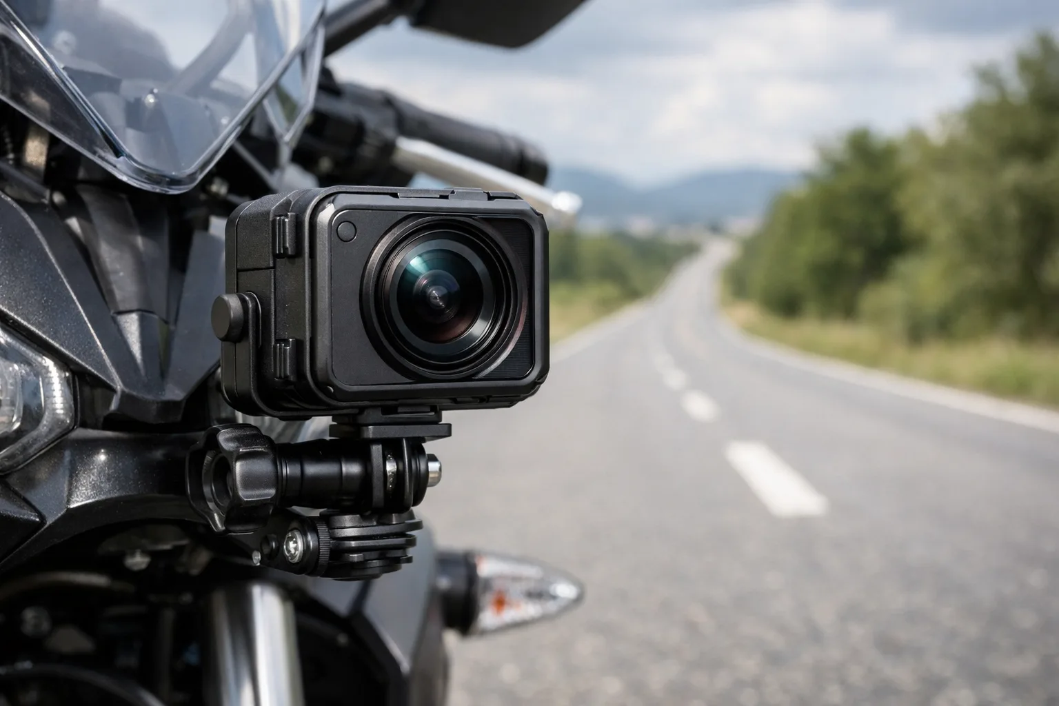 Caméra embarquée fixée à l’avant d’une moto, objectif dégagé vers la route.