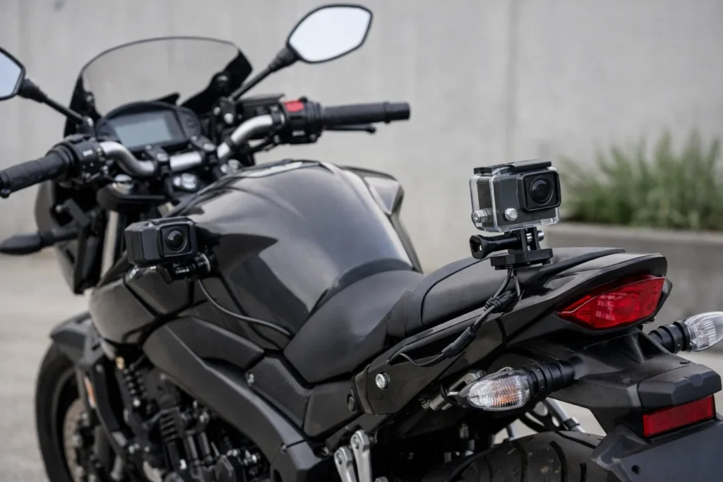 Moto stationnée avec une caméra fixée près de l’avant et une autre à l’arrière.