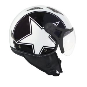 Casque jet TNT Helios Star blanc et noir brillant, finition graphique