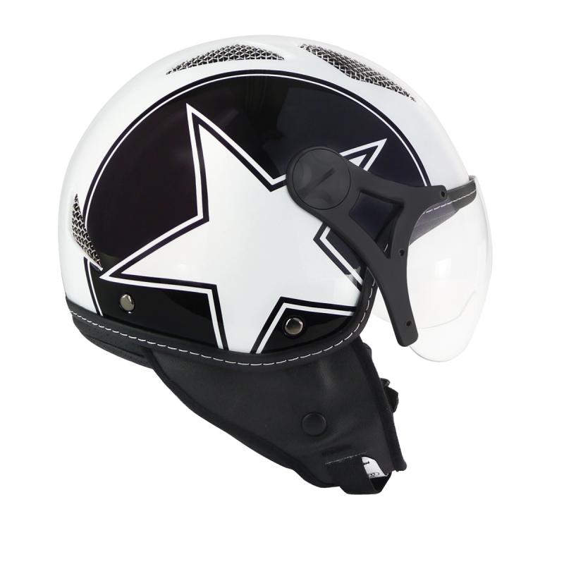 Casque jet TNT Helios Star blanc et noir brillant, finition graphique