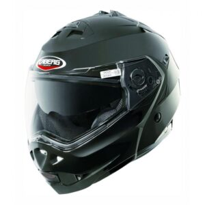 Casque modulable Caberg Duke noir métal présenté avec sa visière solaire