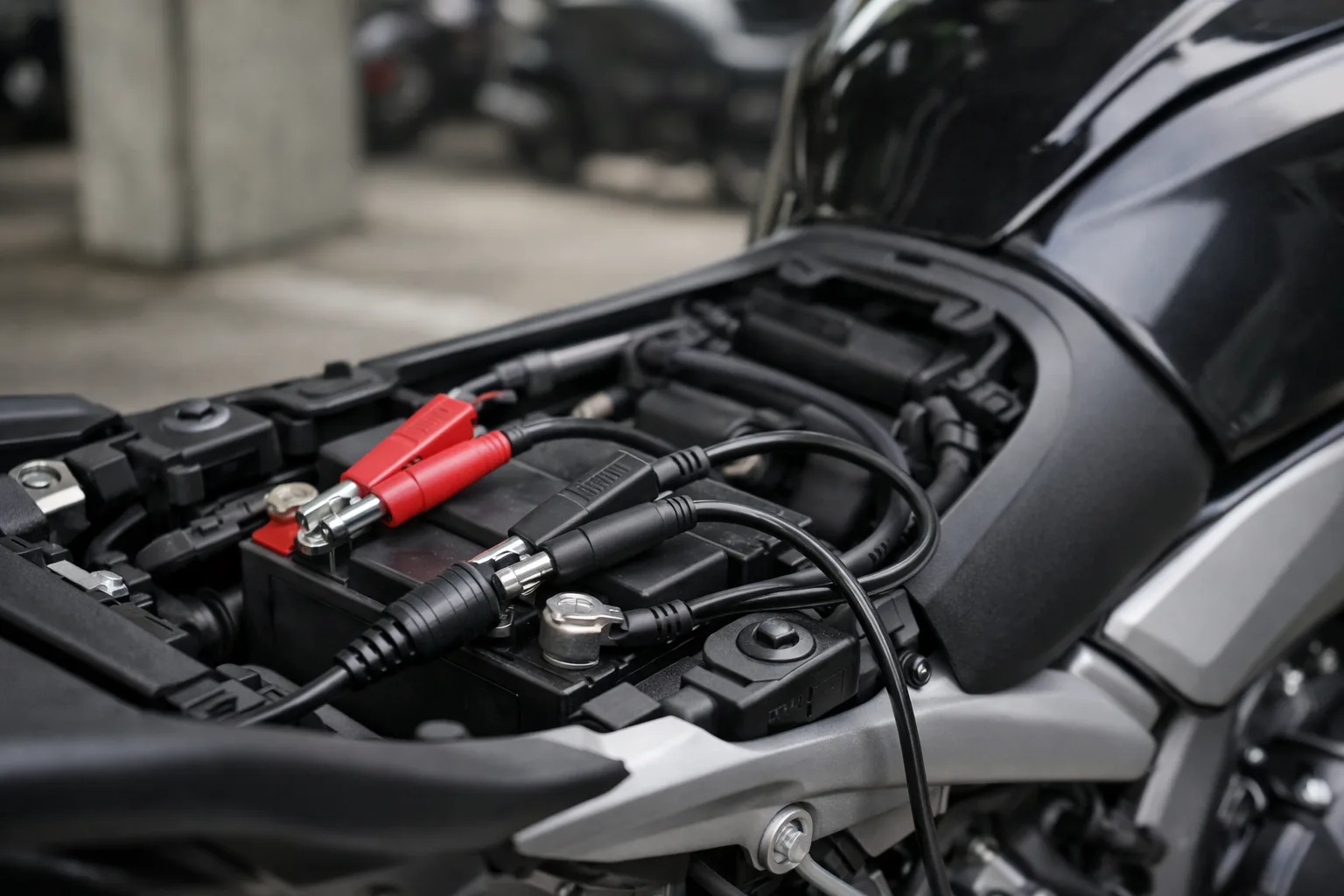 Un câble de charge est raccordé aux bornes d’une batterie de moto dans un espace de stationnement.