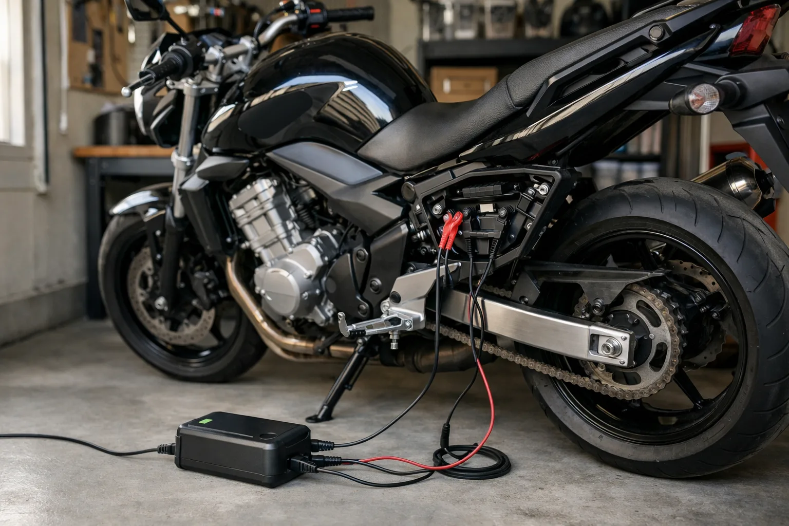 Un chargeur de batterie compact et ses câbles sont posés près d’une moto dans un garage.