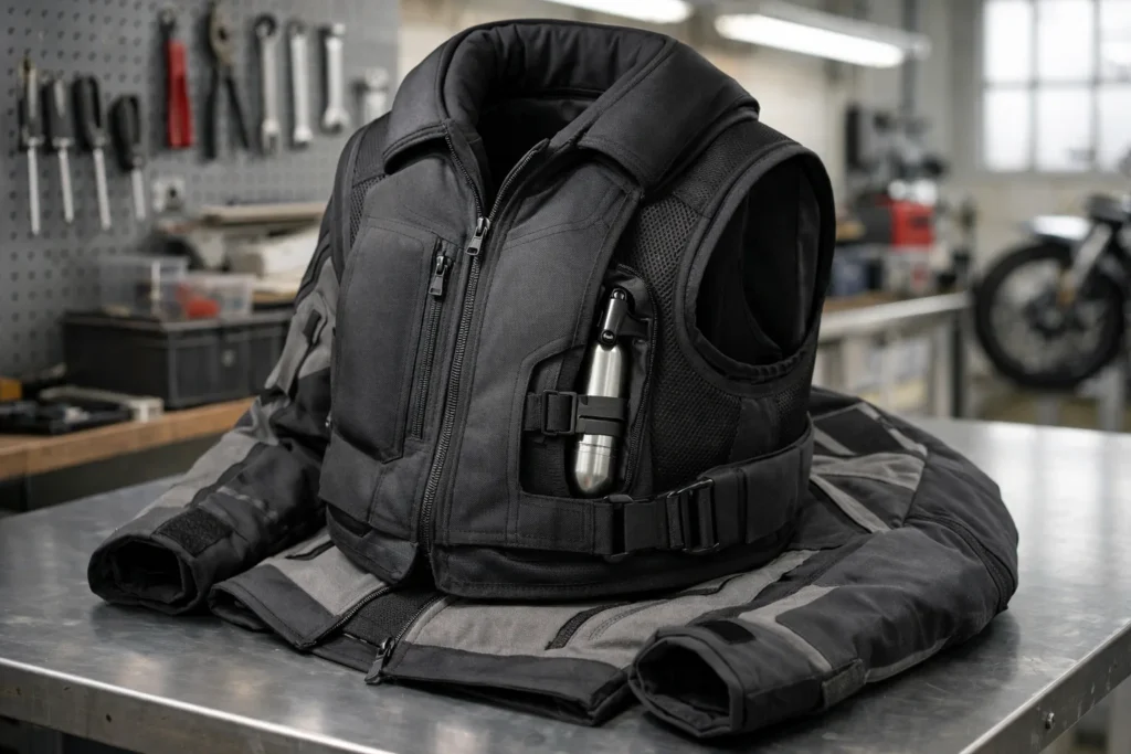 Gilet airbag moto autonome posé sur un blouson textile, avec sa liaison mécanique visible.