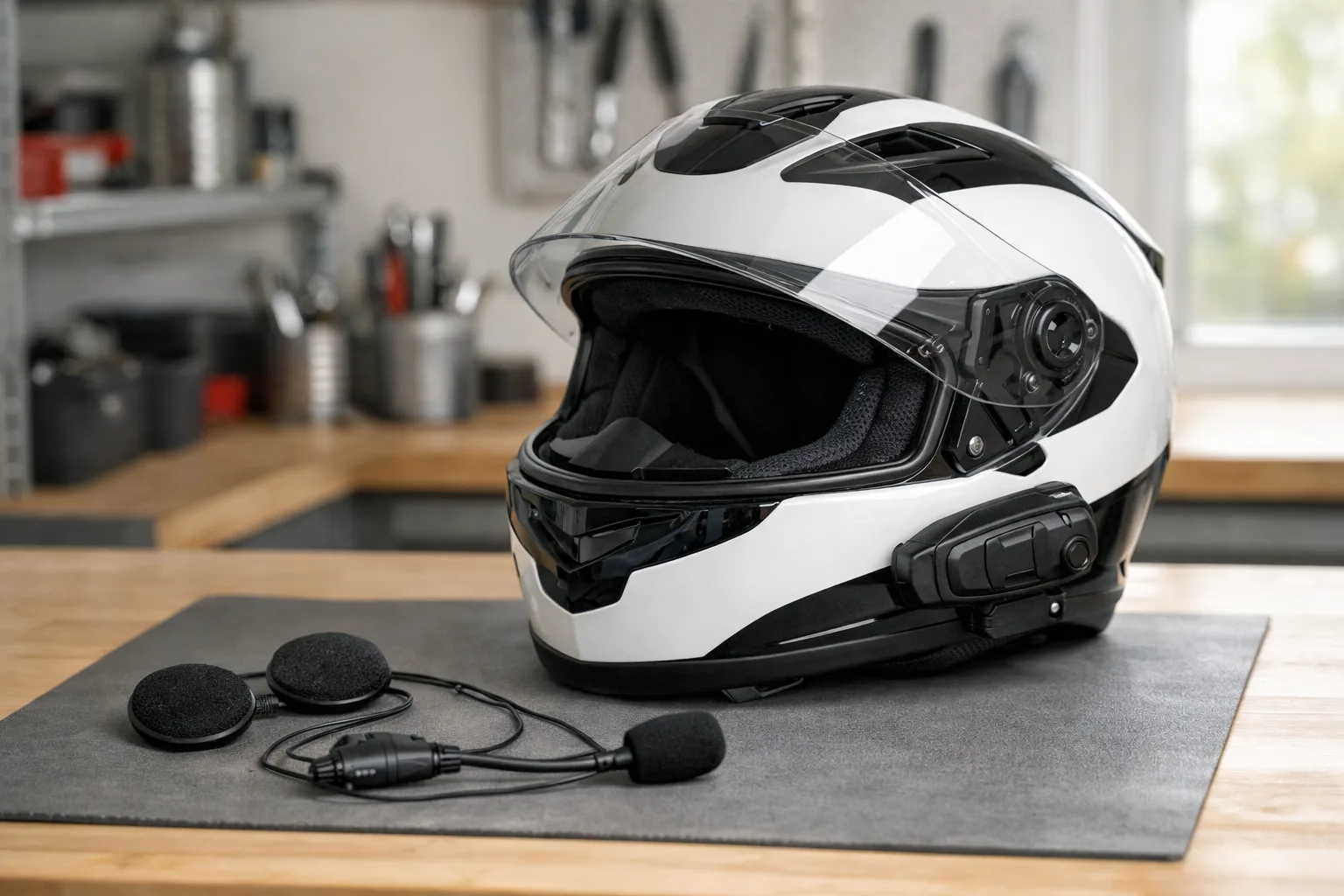 Casque de moto équipé d’un intercom fixé sur le côté, posé près de ses haut-parleurs.