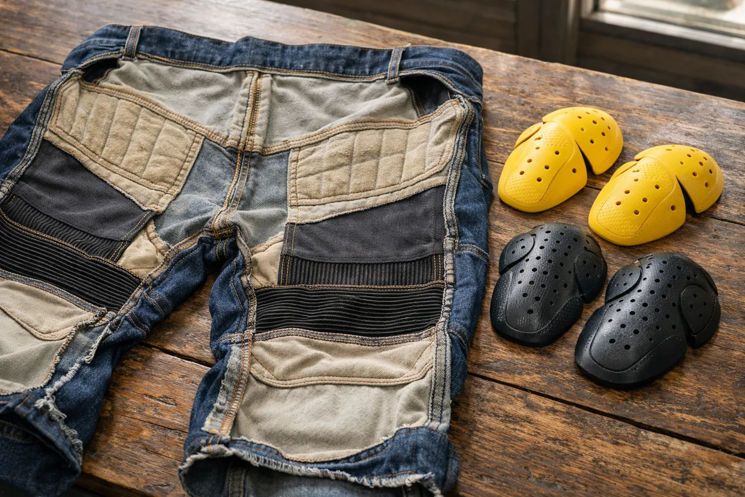 Intérieur d’un jean de moto avec ses coutures, ses renforts et des protections amovibles.