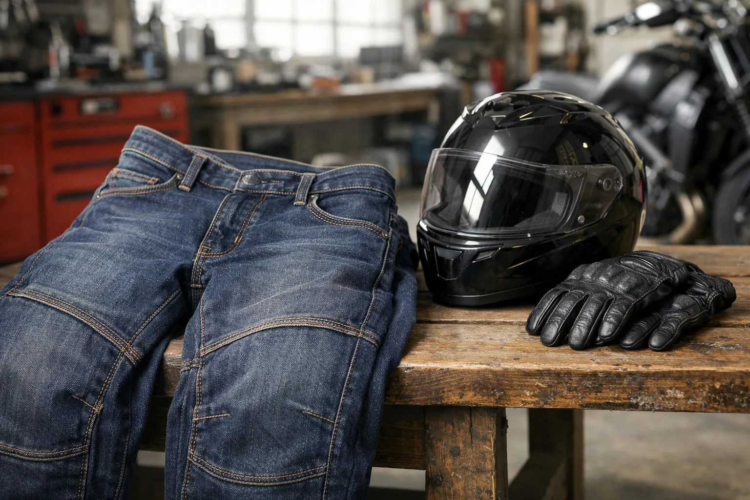 Jean de moto posé dans un garage à côté d’un casque et de gants.