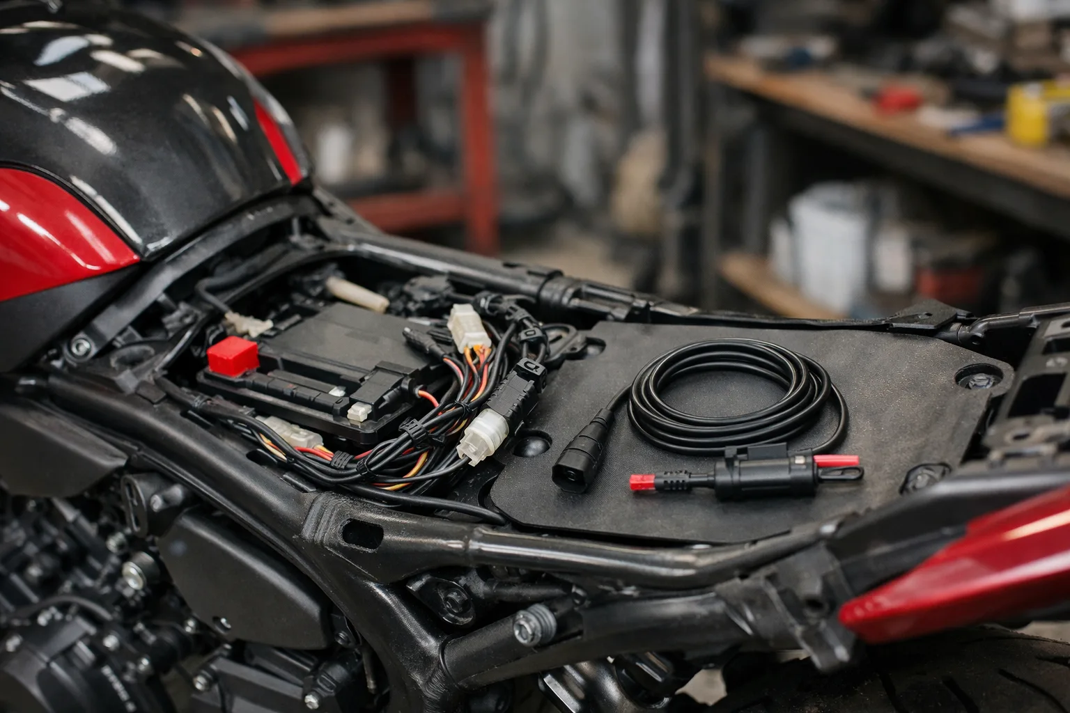 Faisceau électrique avec connecteur et porte-fusible présenté près de la batterie d’une moto.