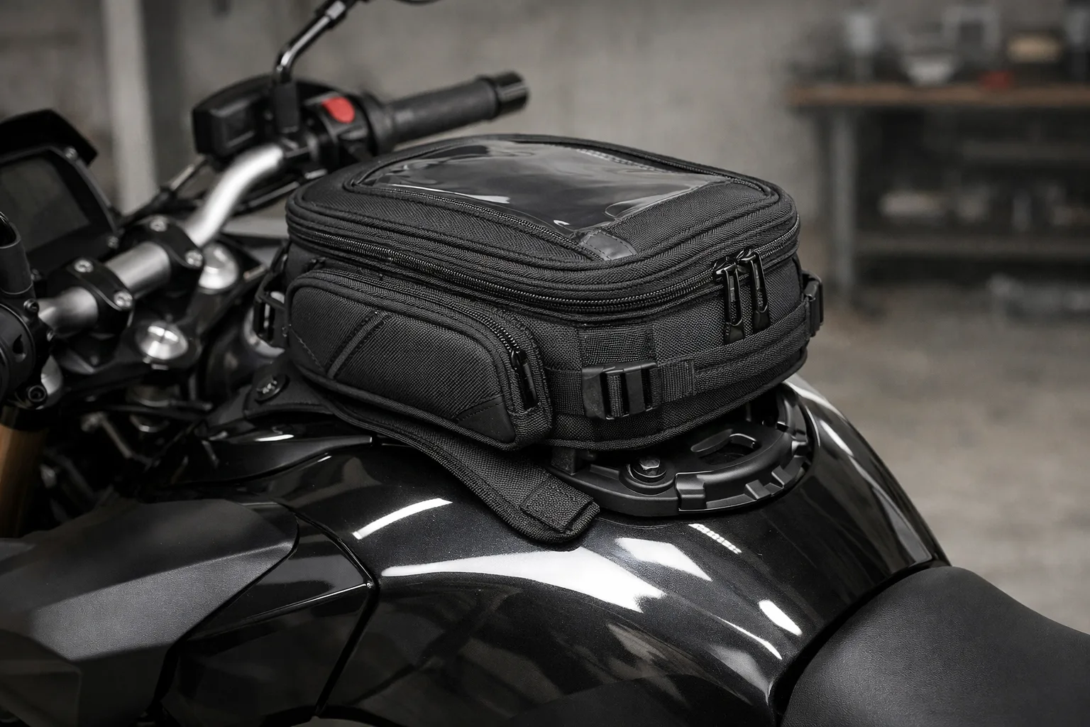 Sacoche de réservoir installée sur une moto, avec son système de fixation visible.