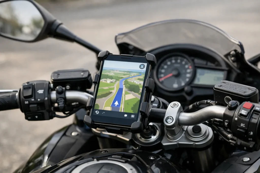 Un smartphone fixé au guidon d’une moto, placé au-dessus des commandes.