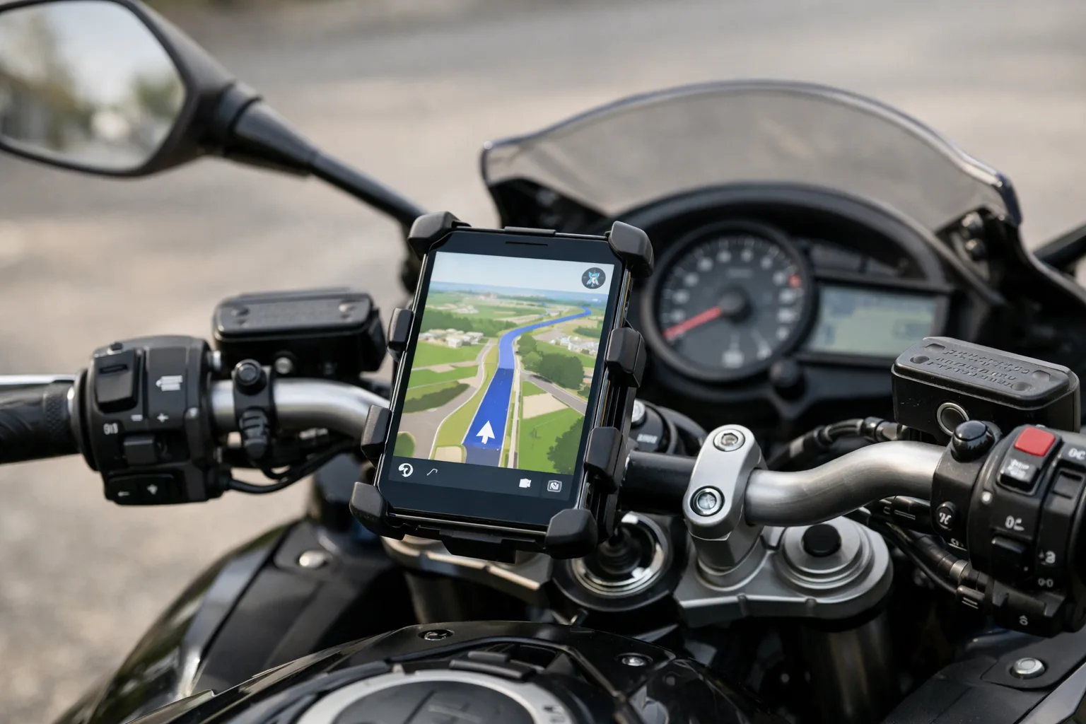 Un smartphone fixé au guidon d’une moto, placé au-dessus des commandes.