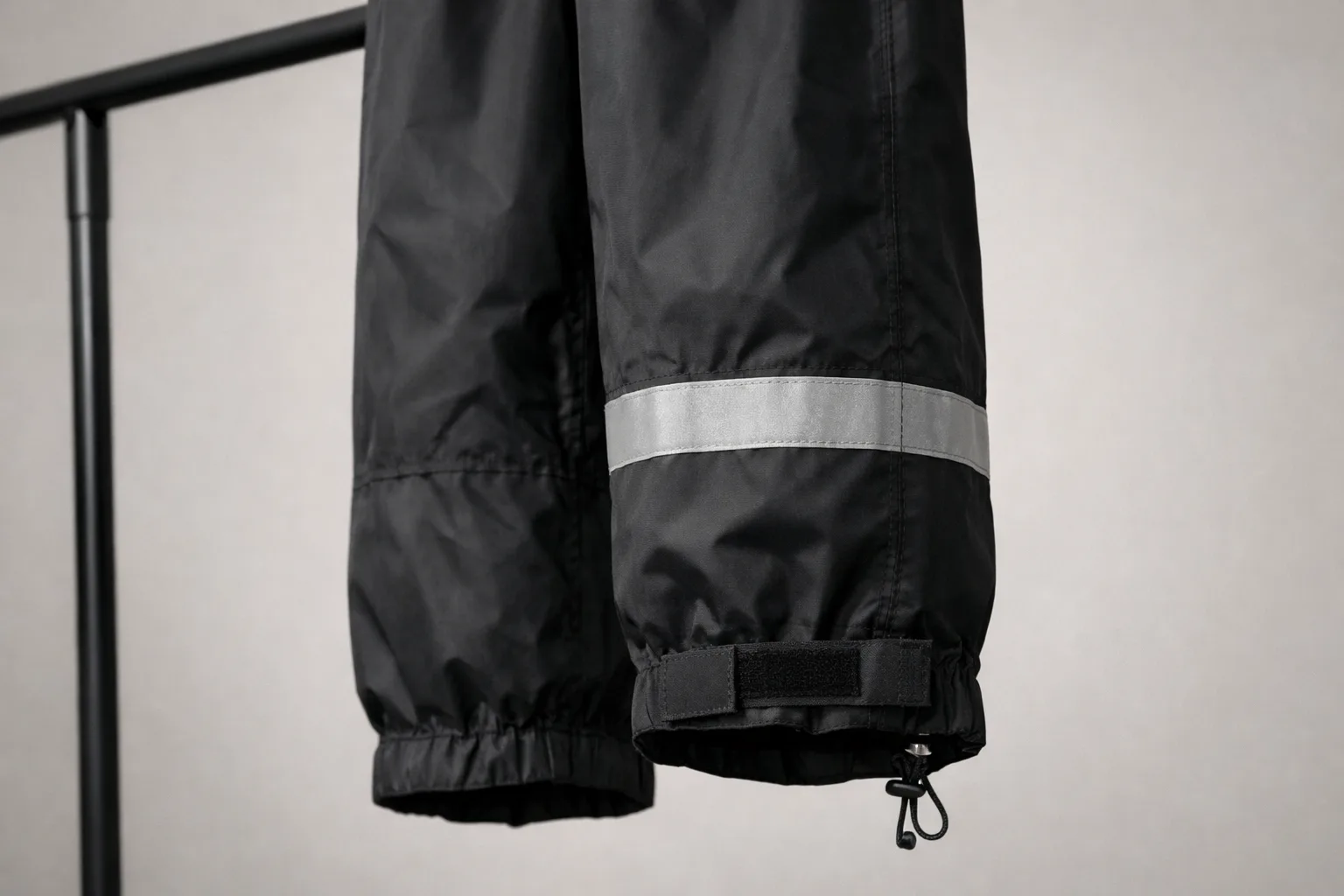 Détail d’une bande réfléchissante et d’un réglage au bas d’un surpantalon noir.