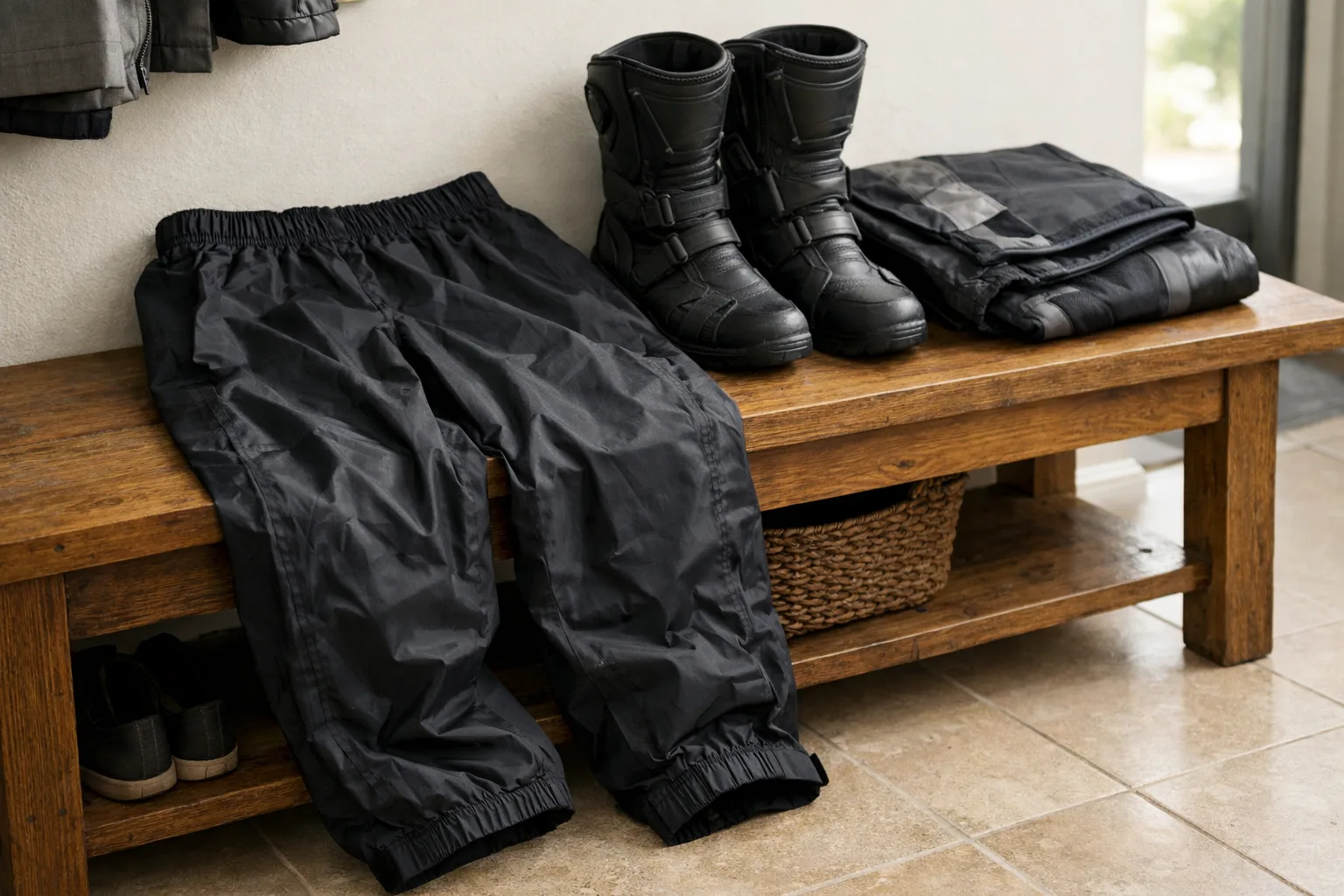 Surpantalon de pluie noir posé près de bottes et d’un pantalon de moto.