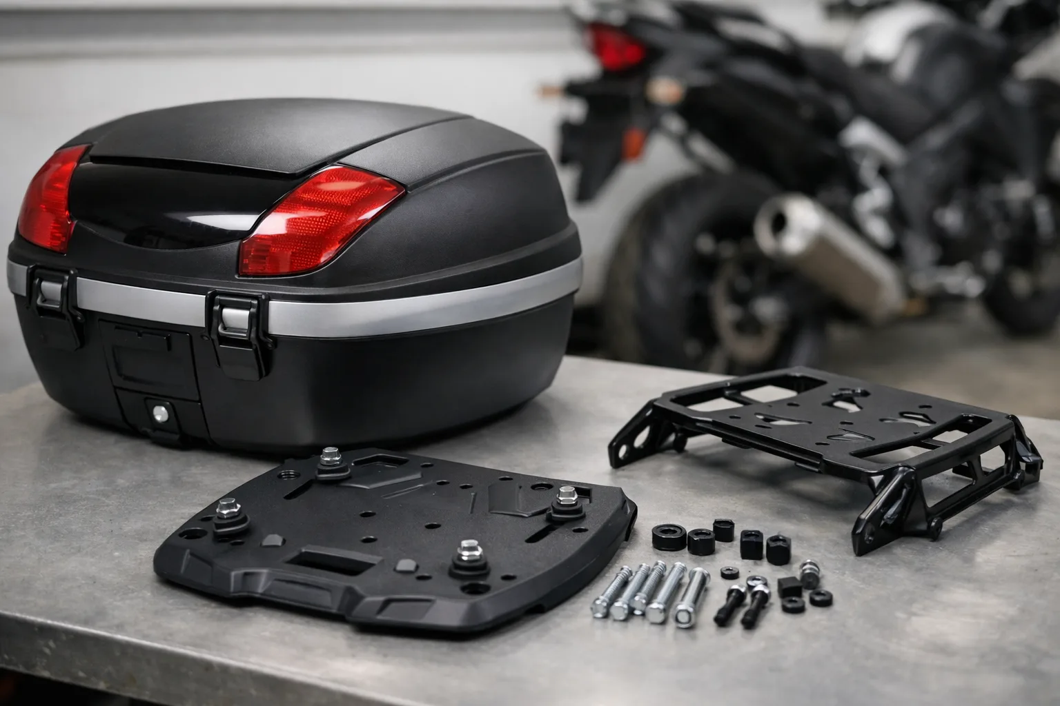 Top-case, platine de montage et porte-bagages de moto présentés séparément sur un établi.