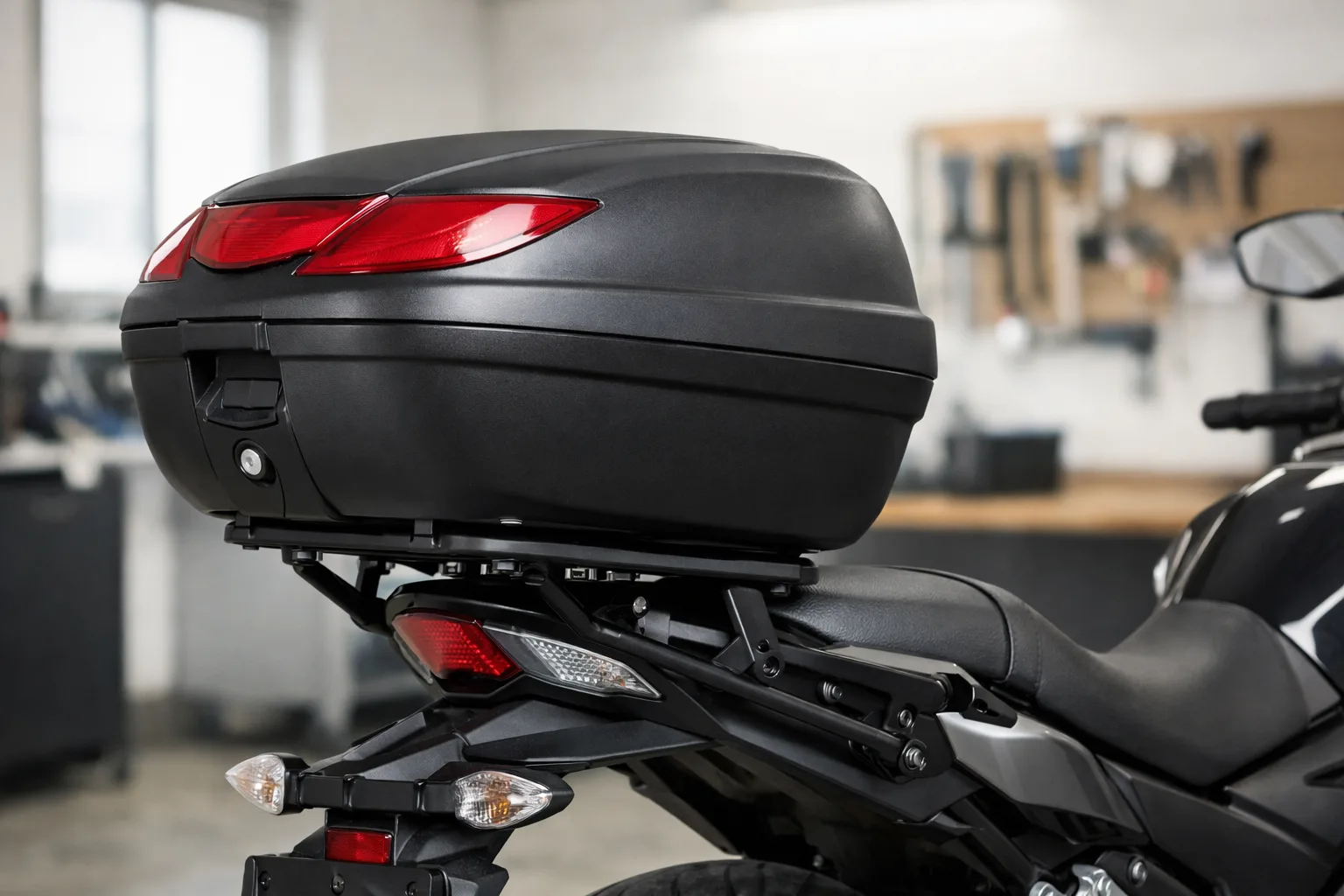 Top-case noir fermé installé sur le porte-bagages d’une moto dans un garage.