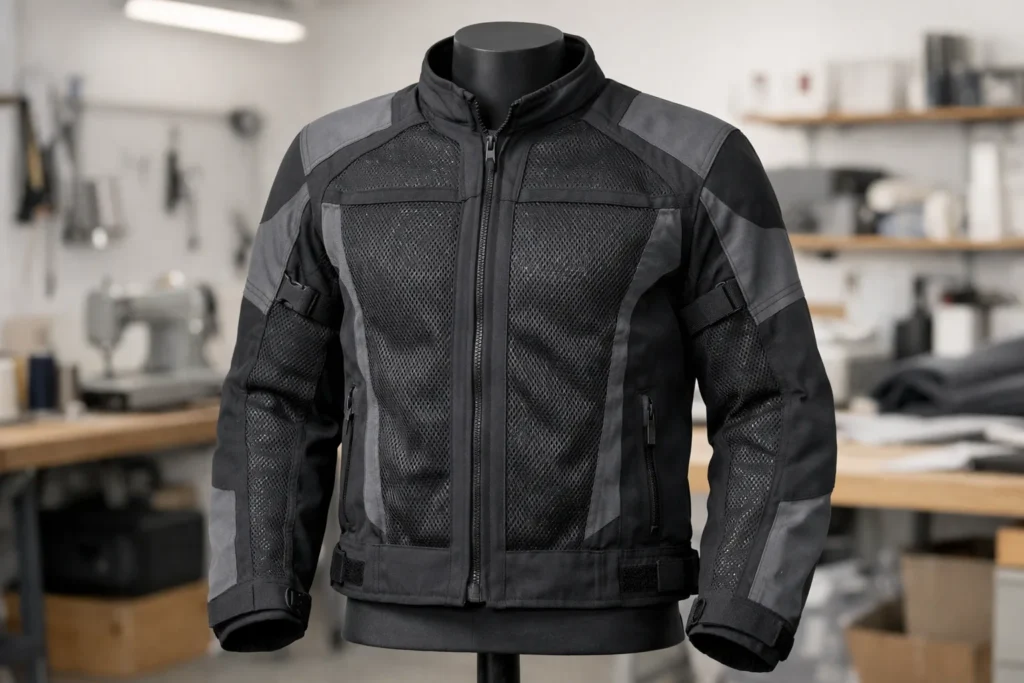 Veste moto noire et grise sur un mannequin, avec des panneaux en maille visibles sur le torse et les manches.