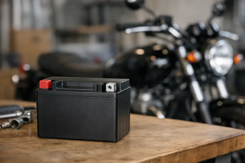 Batterie de moto posée sur un établi, avec ses deux bornes visibles et une moto en arrière-plan.
