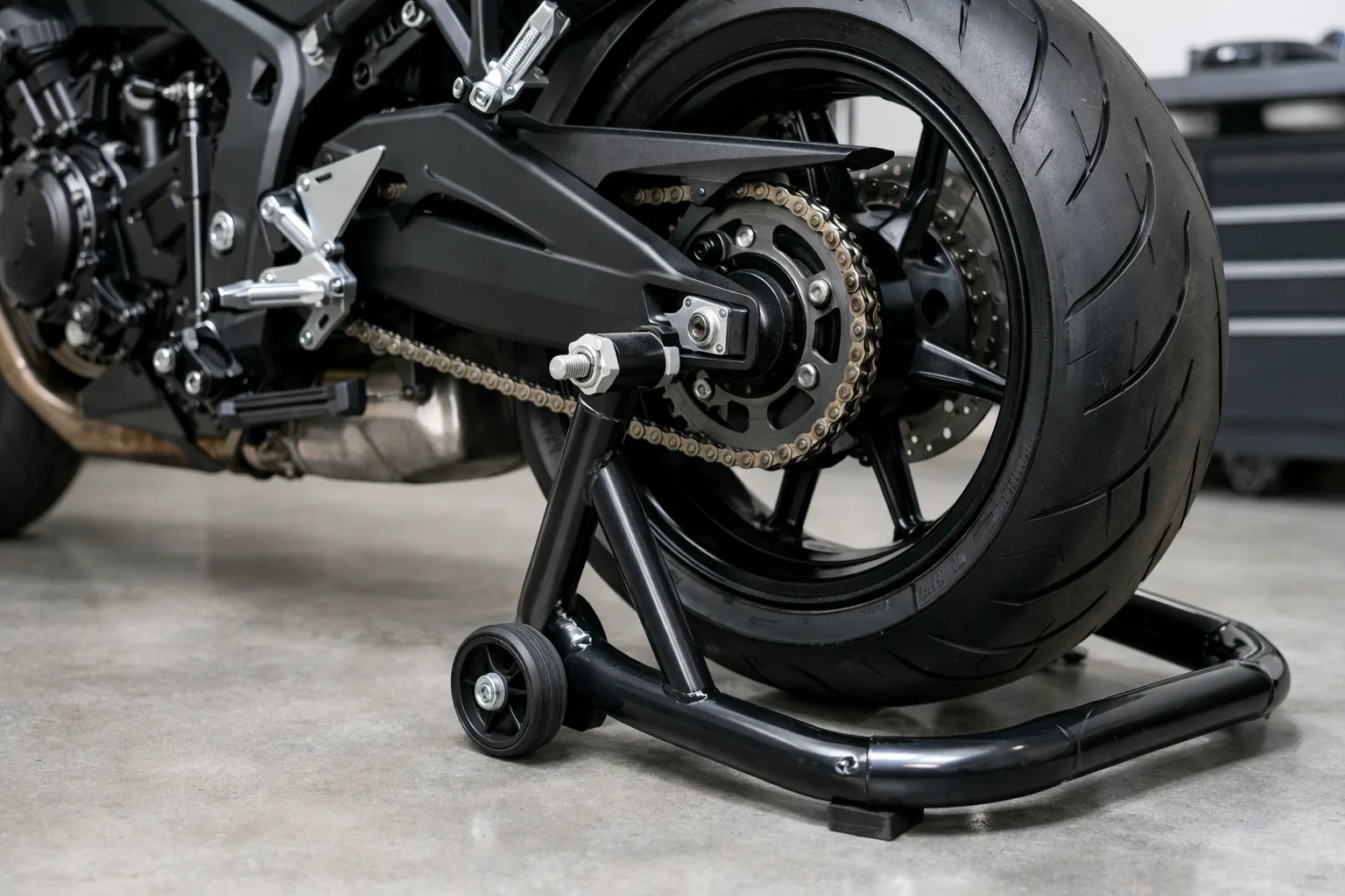Béquille d’atelier arrière engagée sous le bras oscillant d’une moto dans un garage.
