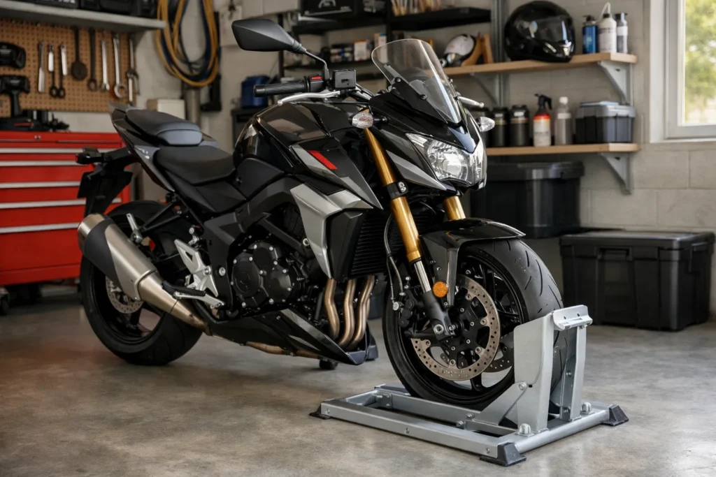Roue avant d’une moto maintenue dans un bloque-roue posé sur le sol d’un garage.