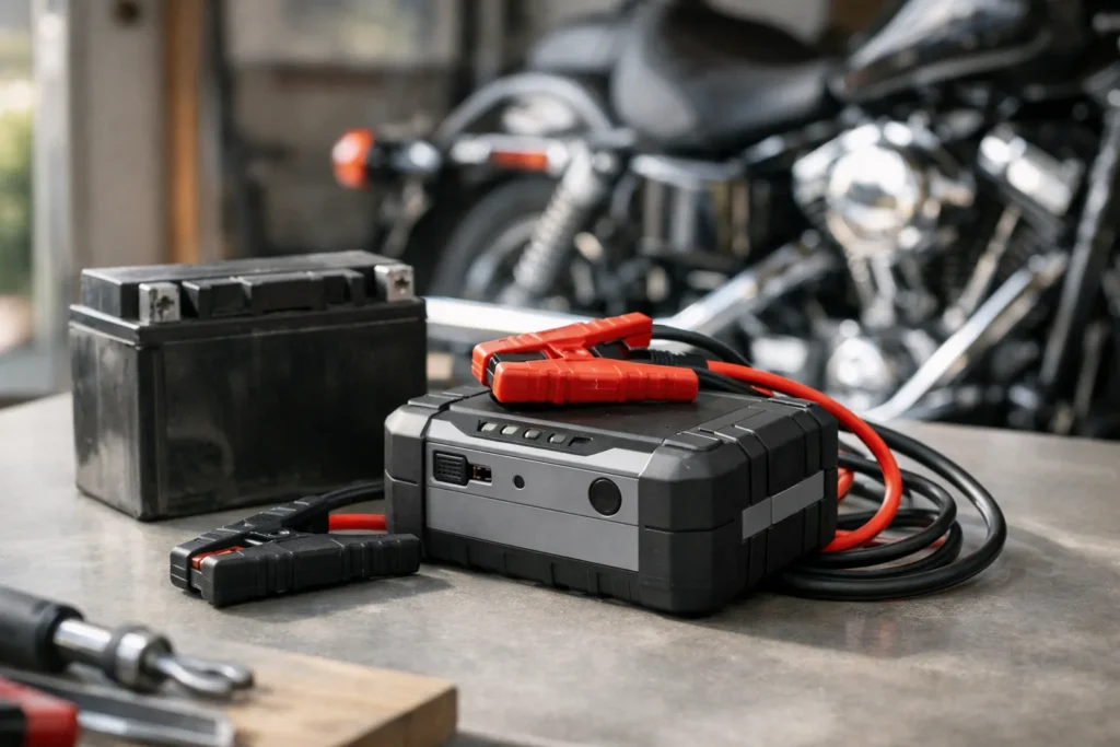 Un booster de démarrage portable et ses pinces sont posés à côté d’une batterie de moto sur un établi.