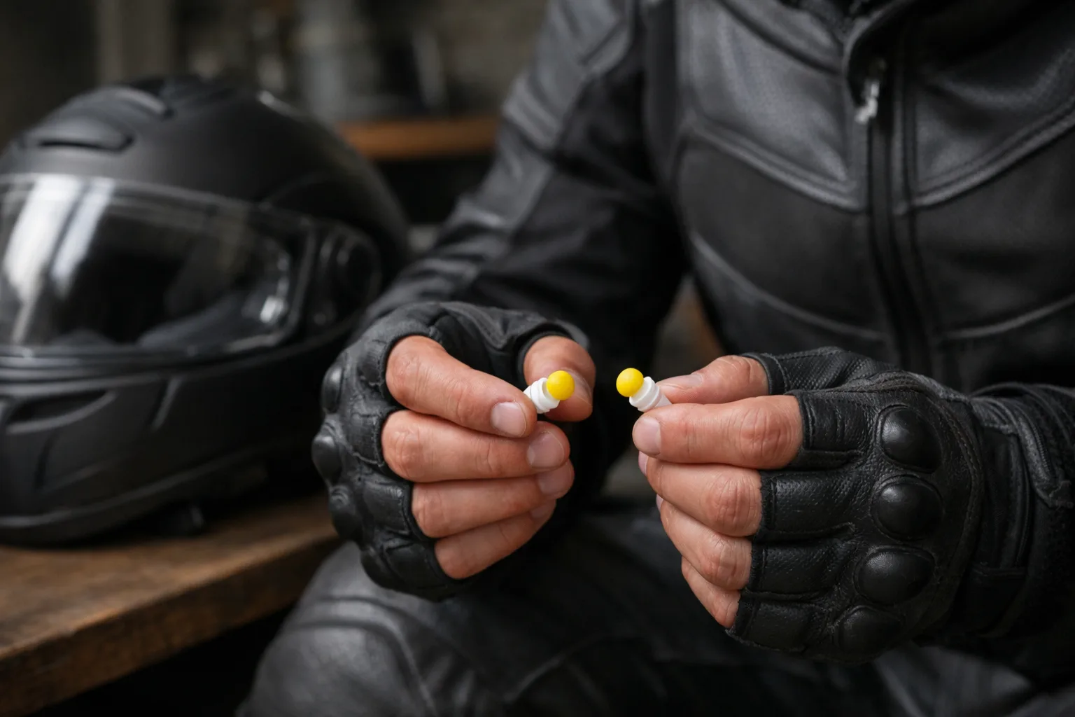 Un motard examine une paire de bouchons d’oreilles près de son casque posé sur un banc.
