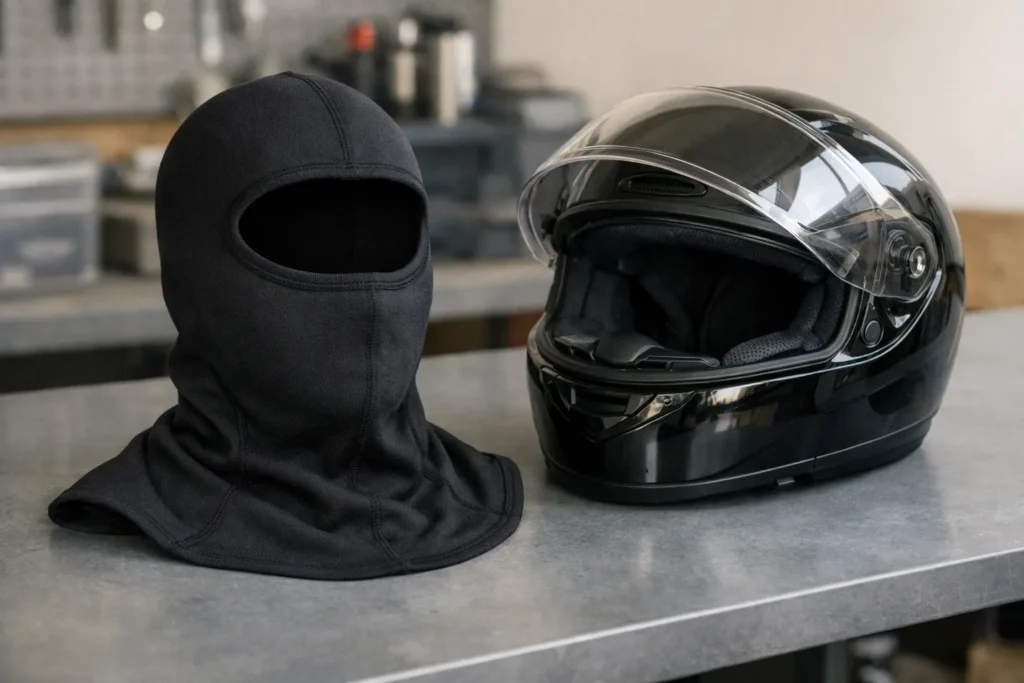 Cagoule textile noire posée à côté d’un casque intégral ouvert.