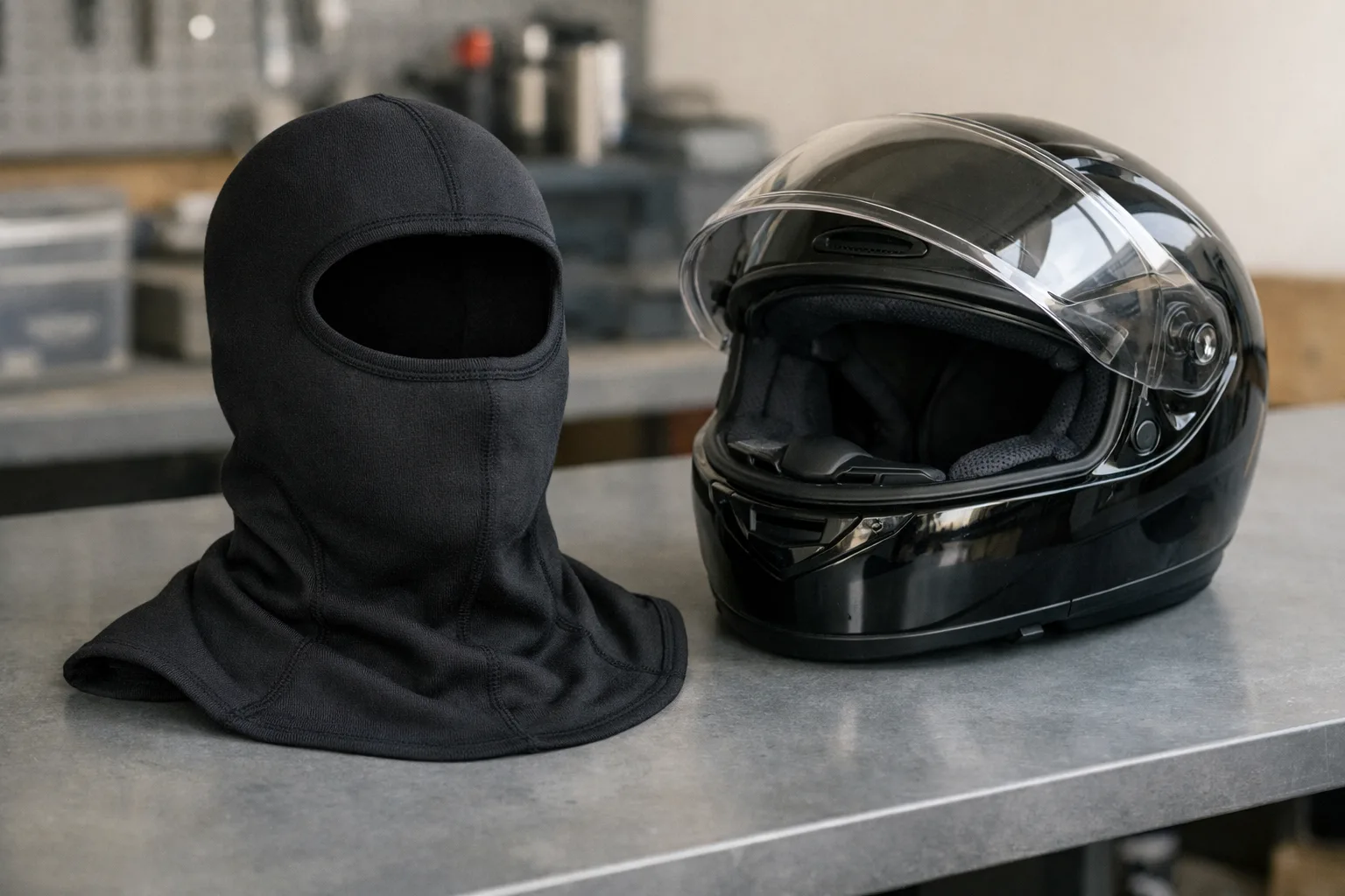 Cagoule textile noire posée à côté d’un casque intégral ouvert.