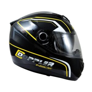 Casque intégral Doppler double écran noir et jaune, présenté en taille XS