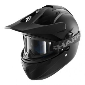 Casque intégral Shark EXPLORE-R noir mat présenté avec écran panoramique et lunettes off-road