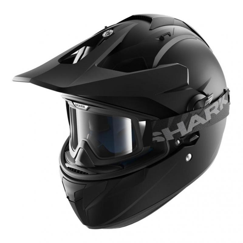 Casque intégral Shark EXPLORE-R noir mat présenté avec écran panoramique et lunettes off-road