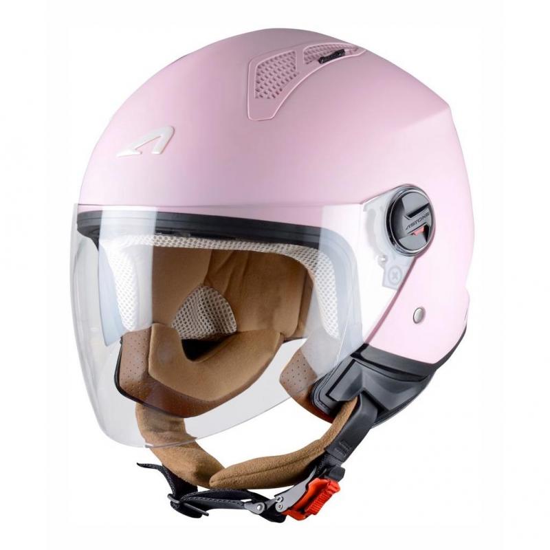 Casque jet Astone Minijet rose avec visière incolore, présenté en taille XS