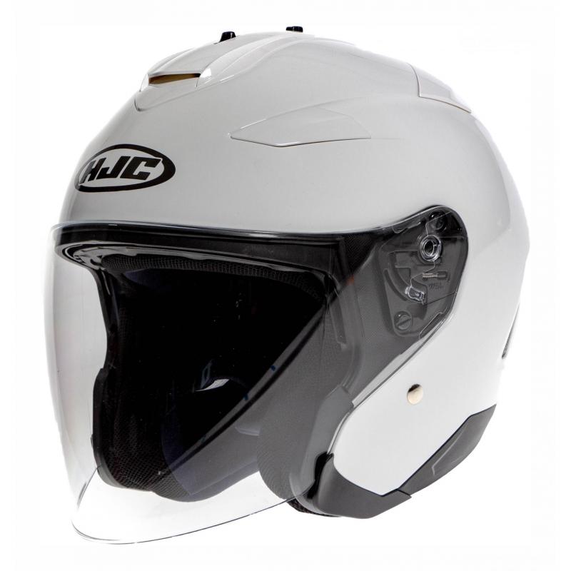 Casque jet HJC IS-33 II blanc, présenté en taille XS avec écran solaire.