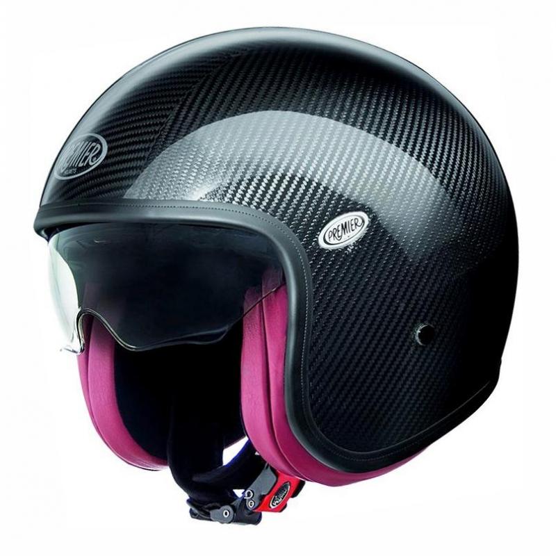 Casque jet Premier Vintage Carbon noir et rouge, déclinaison indiquée en XS