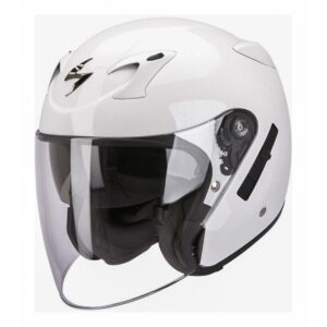 Casque jet Scorpion EXO-220 blanc avec écran solaire et aérations latérales