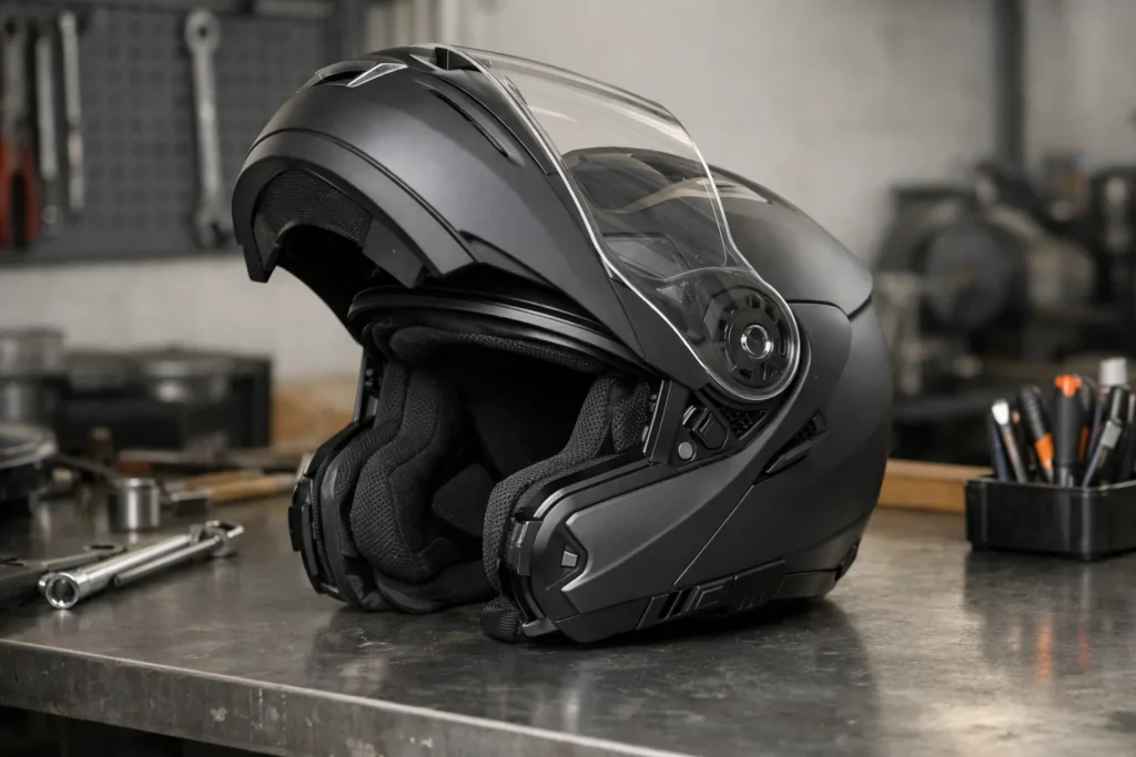 Casque moto modulable posé sur un établi, mentonnière relevée et intérieur visible.