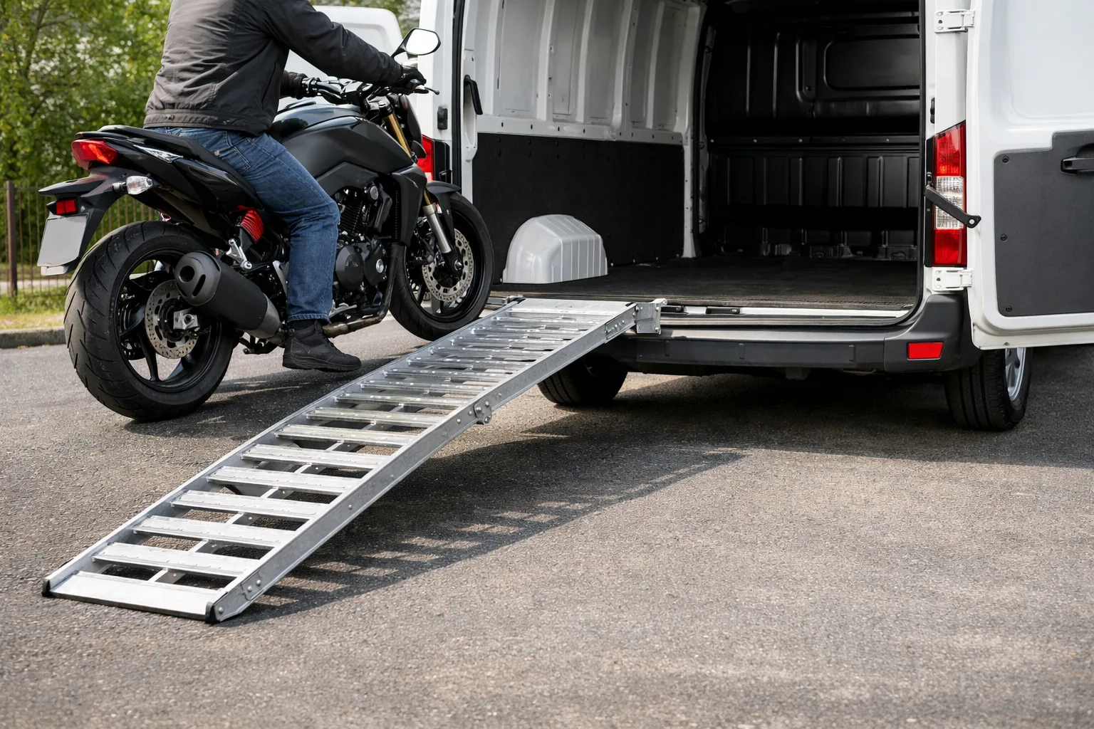 Une rampe métallique relie le sol au plateau d’un utilitaire pendant le chargement d’une moto.