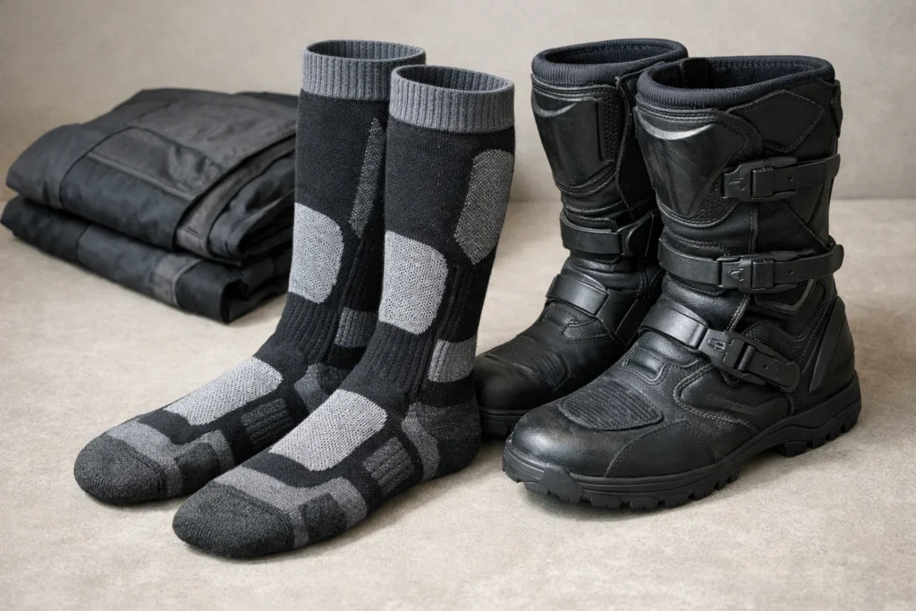 Chaussettes longues de moto posées à côté de bottes moto et d’un pantalon textile.
