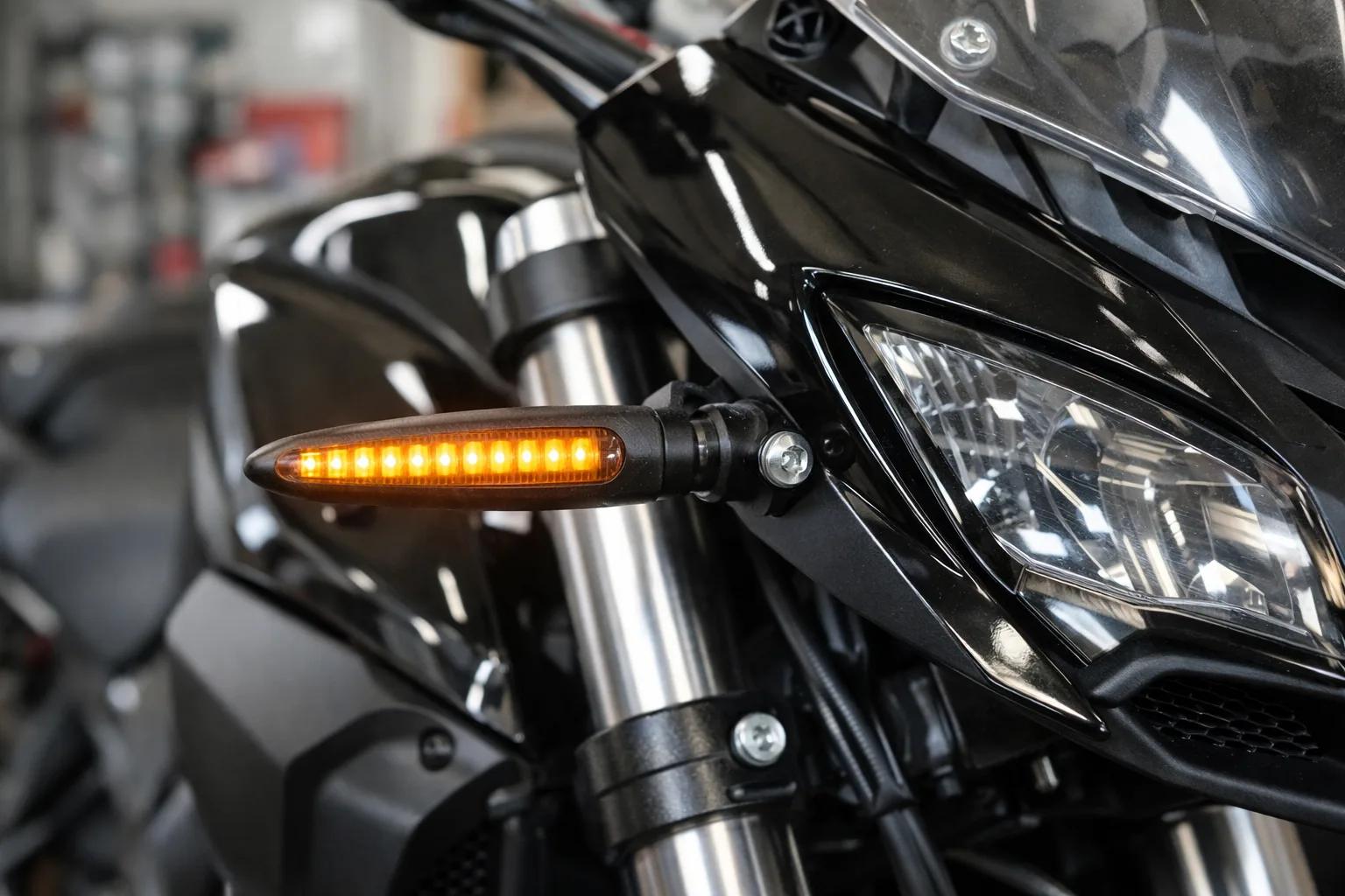 Deux clignotants LED fixés de part et d’autre du carénage avant d’une moto.