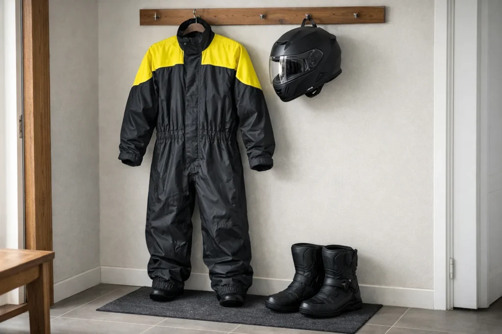 Combinaison de pluie moto noire et jaune suspendue près d’un casque et de bottes.