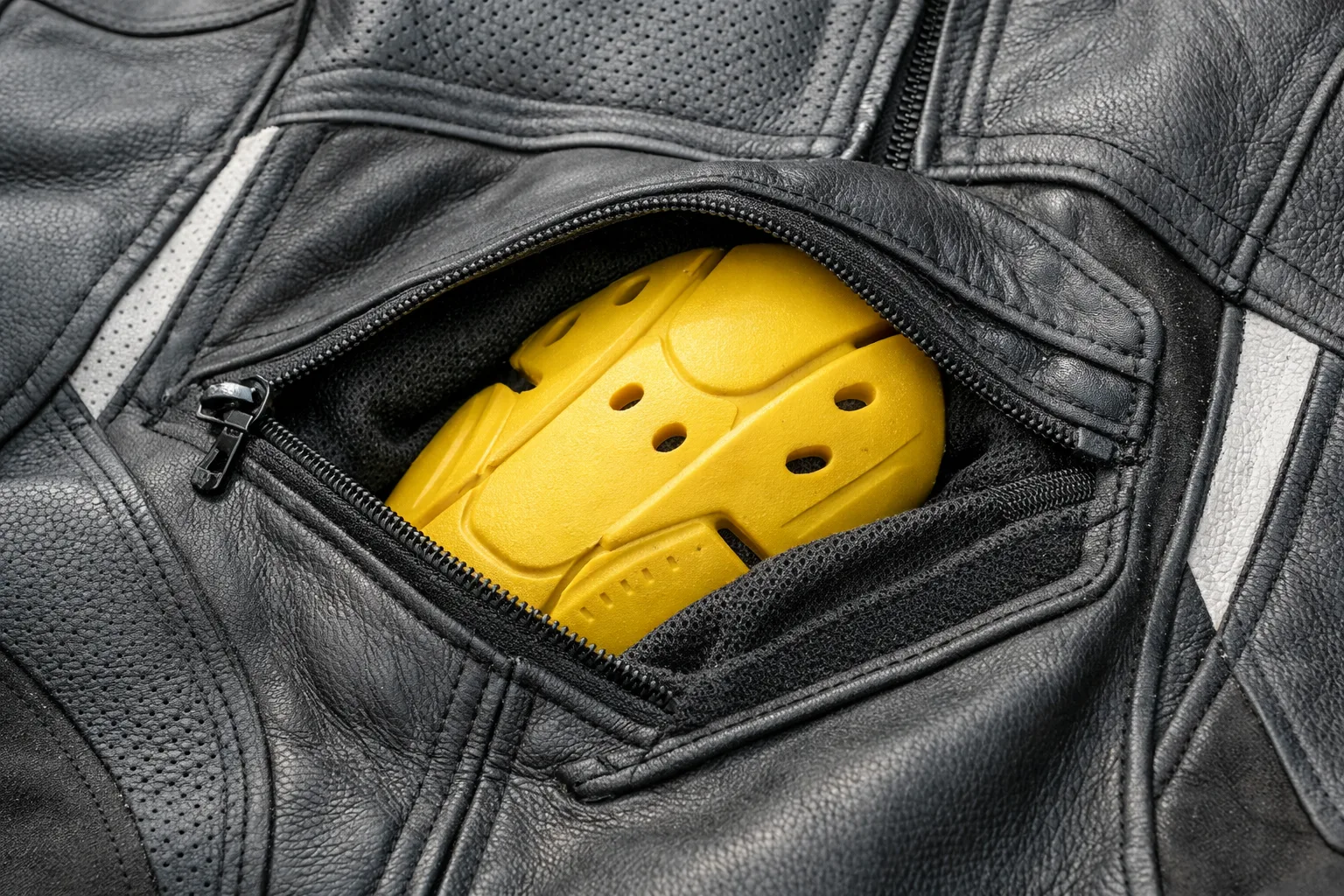Protection amovible près de la poche et des coutures d’une combinaison moto.
