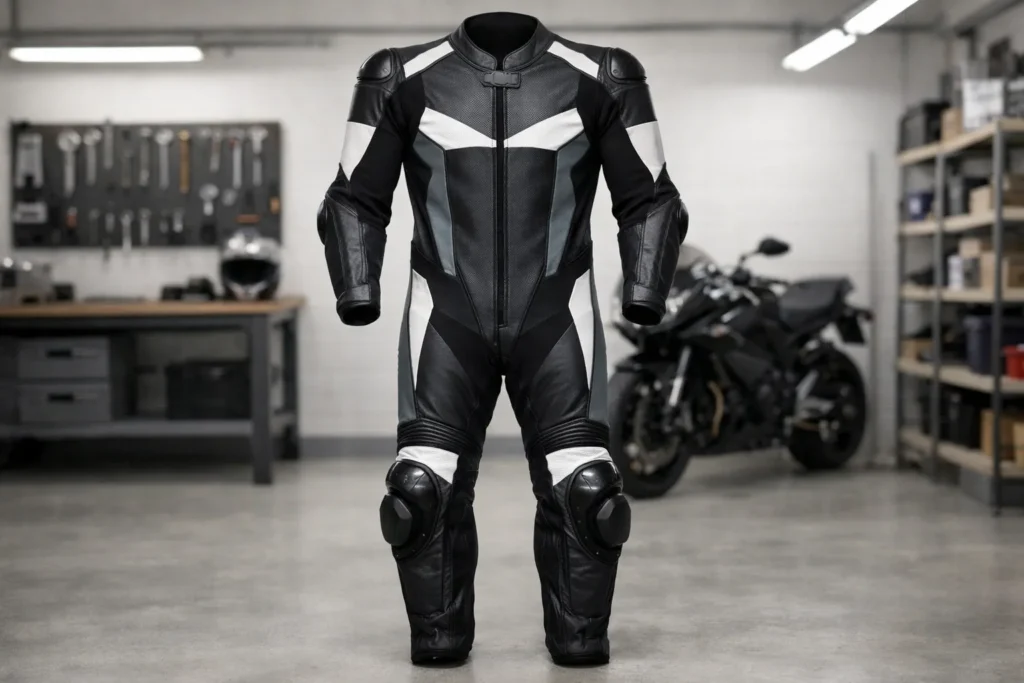 Combinaison moto une pièce présentée de face, avec ses panneaux et protections visibles.