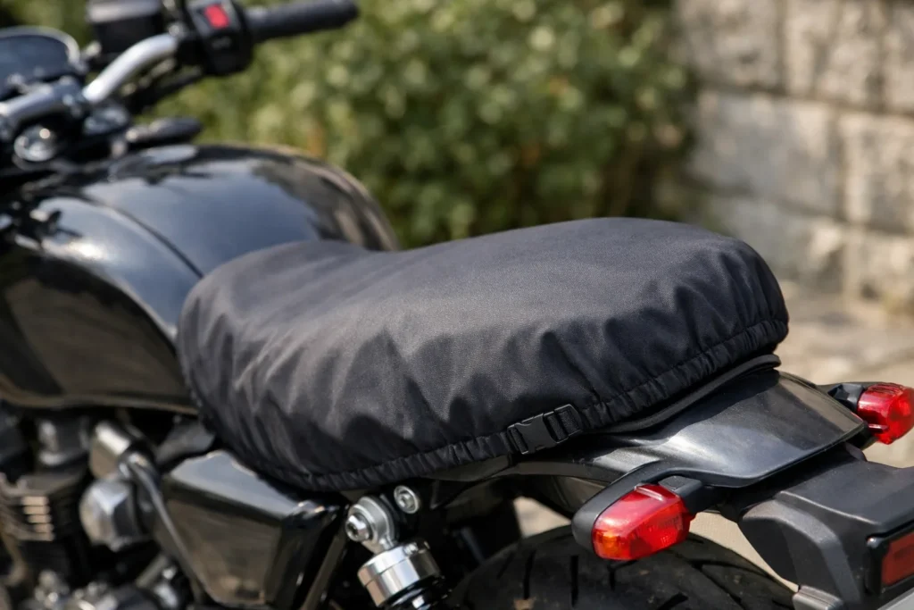 Couvre-selle ajusté sur l’assise d’une moto stationnée à l’extérieur.