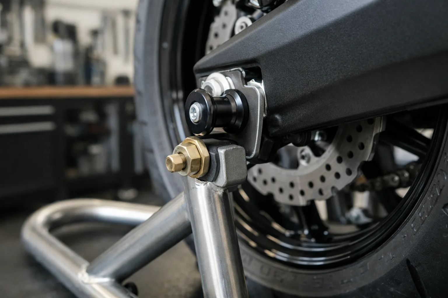 Gros plan sur des diabolos fixés au bras oscillant d’une moto et engagés dans une béquille d’atelier.