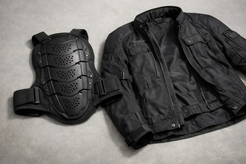 Dorsale de protection noire posée à côté d’une veste moto textile ouverte.
