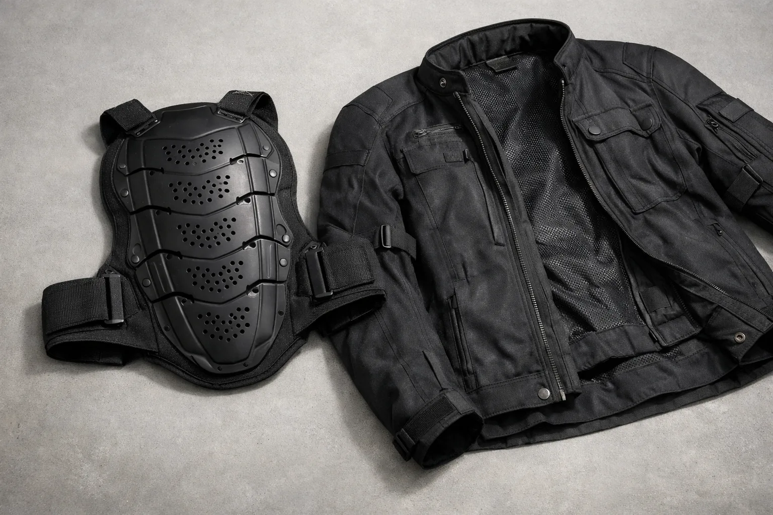 Dorsale de protection noire posée à côté d’une veste moto textile ouverte.