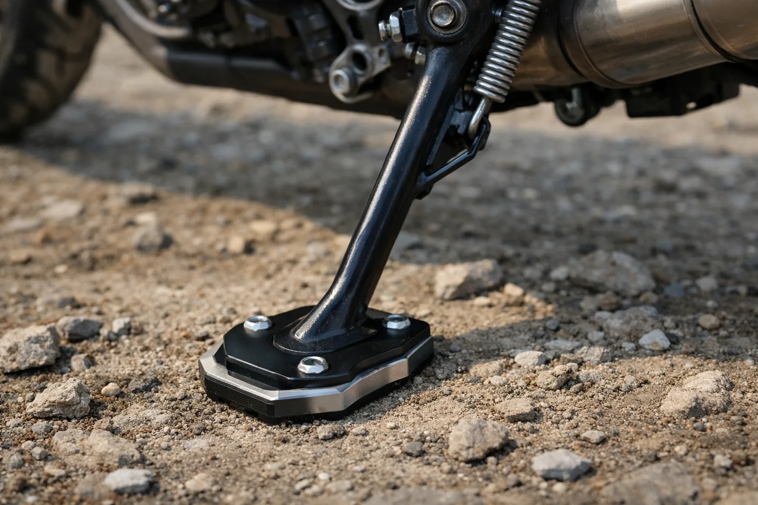 Béquille latérale de moto munie d’un élargisseur posé sur un sol gravillonné.
