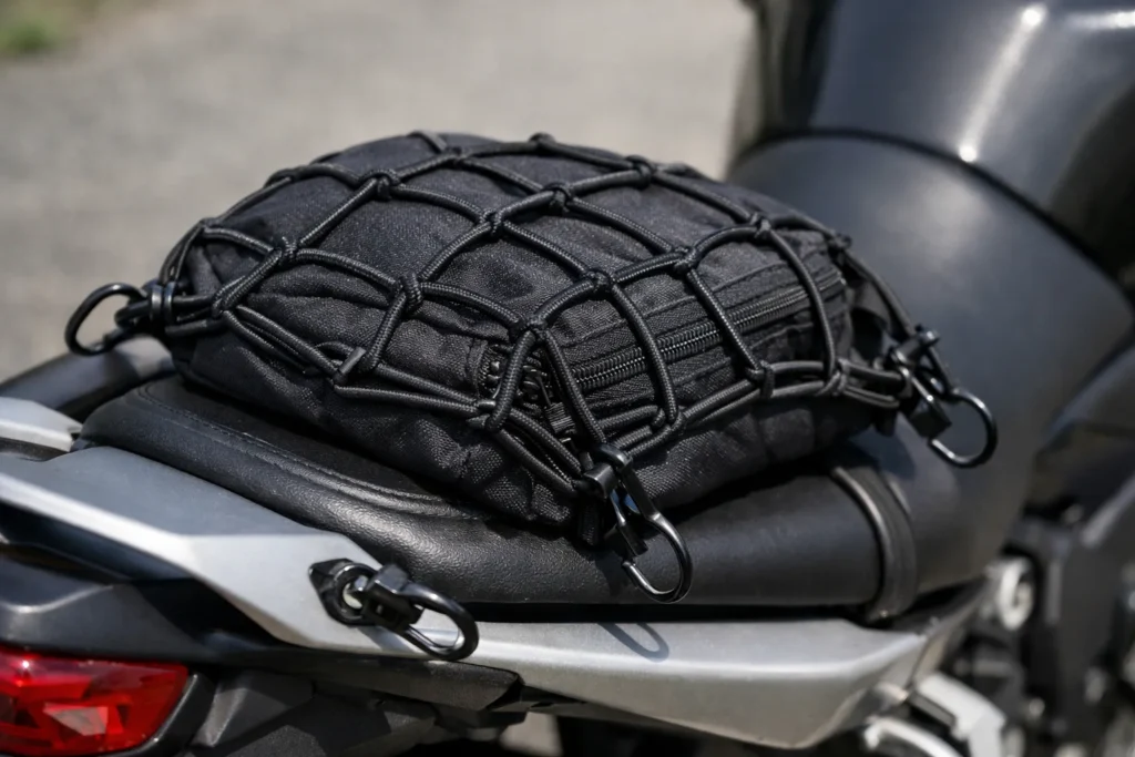 Filet araignée noir fixé autour d’un petit sac sur la selle passager d’une moto.