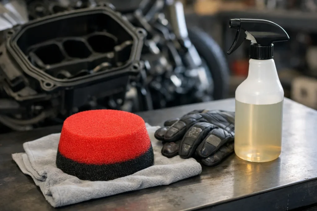 Filtre à air en mousse posé sur un chiffon à côté d’une boîte à air de moto ouverte.