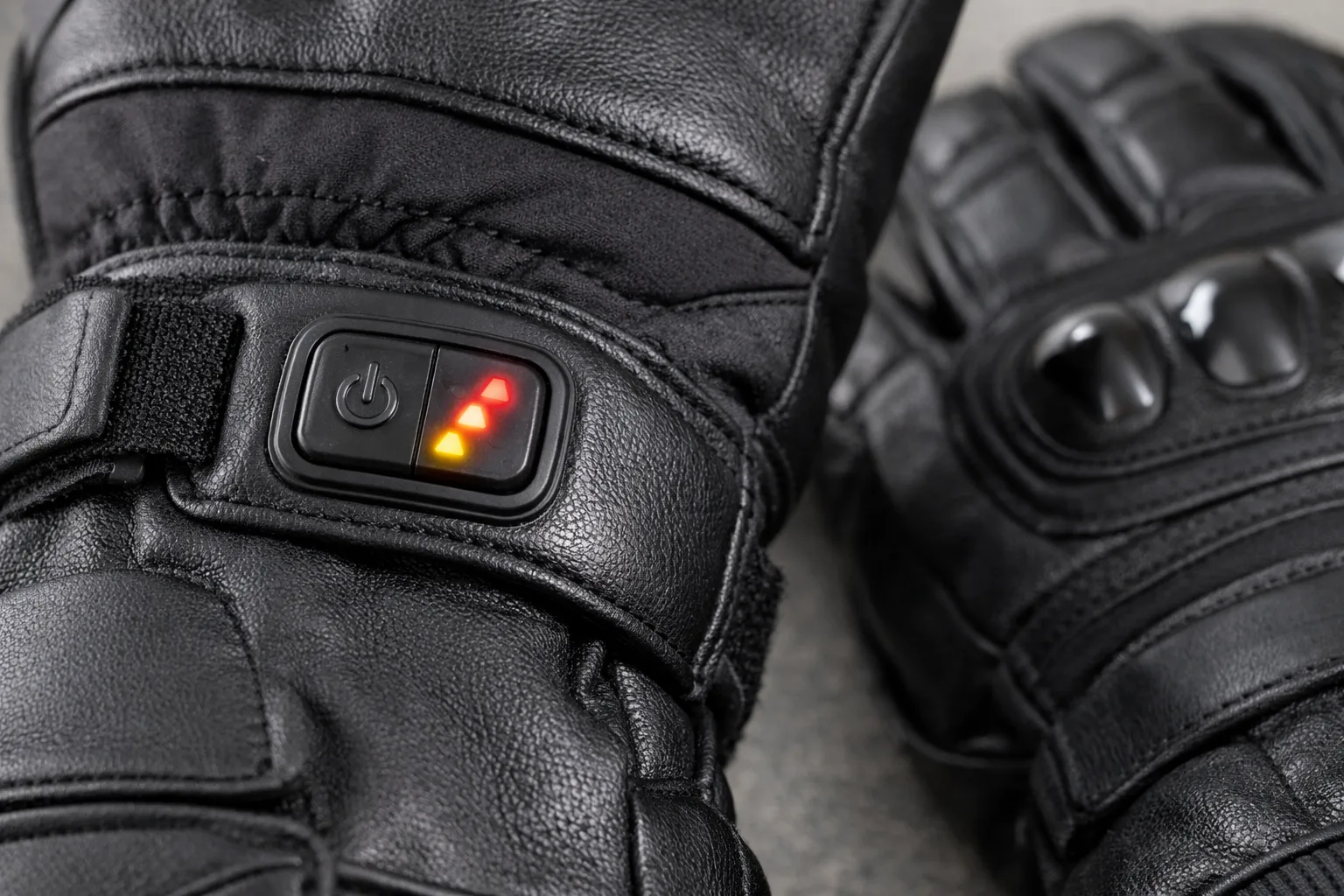 Détail d’une commande de réglage sur le poignet d’un gant de moto chauffant.